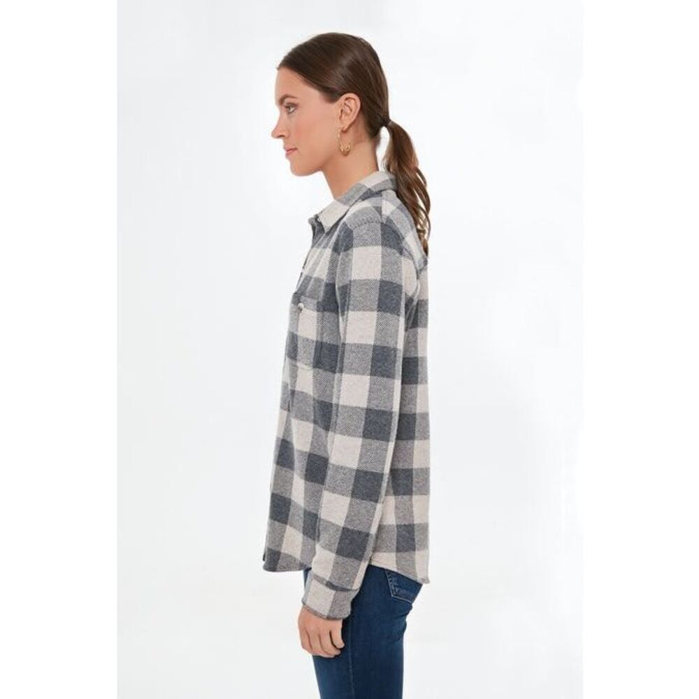 Faherty Women’s Tan Charcoal Buffalo Check Legend Sweater Shirt Size Medium - Picture 2 of 9